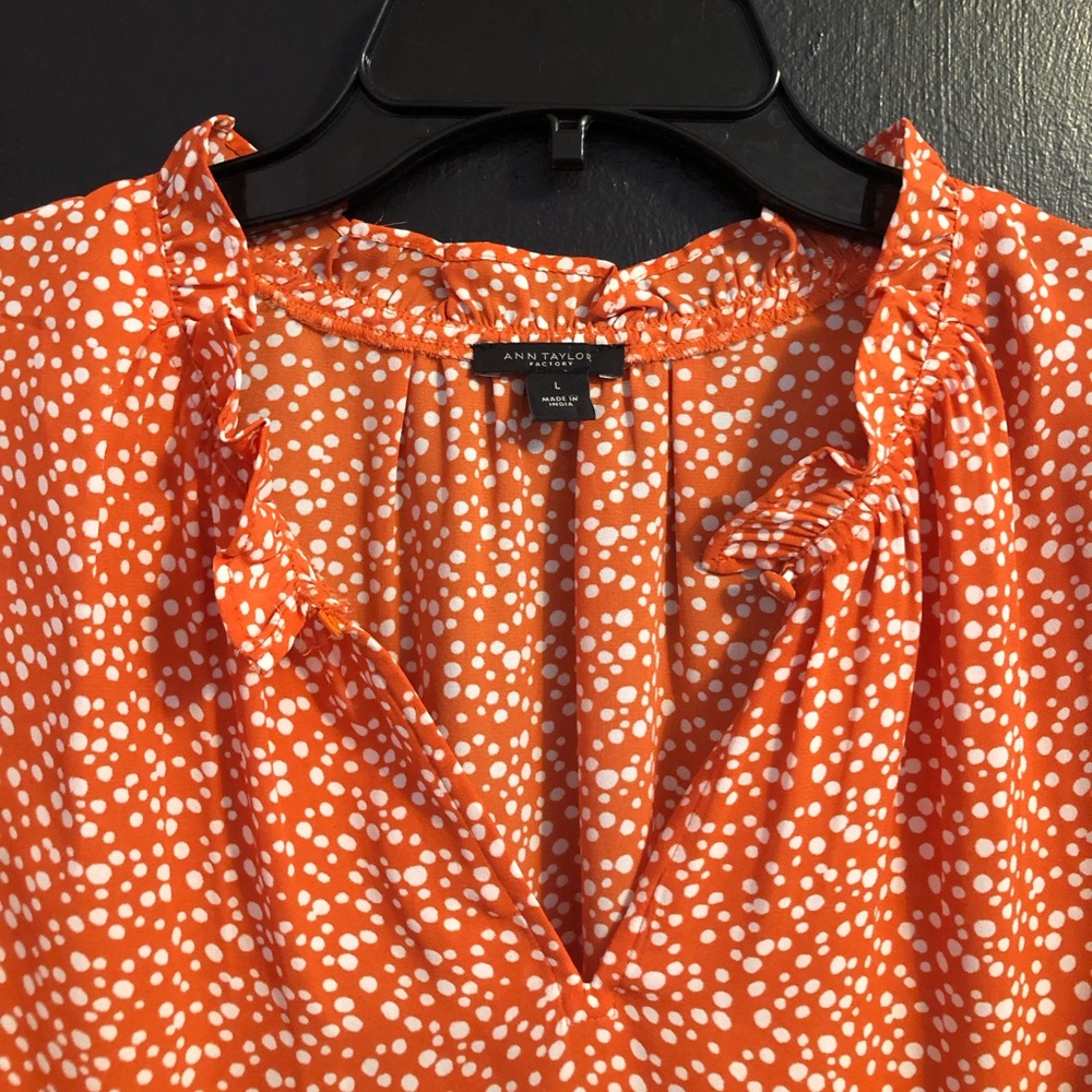 Ann Taylor Orange White Polka Dot Ruffle Neck Blouse - Picture 3 of 4